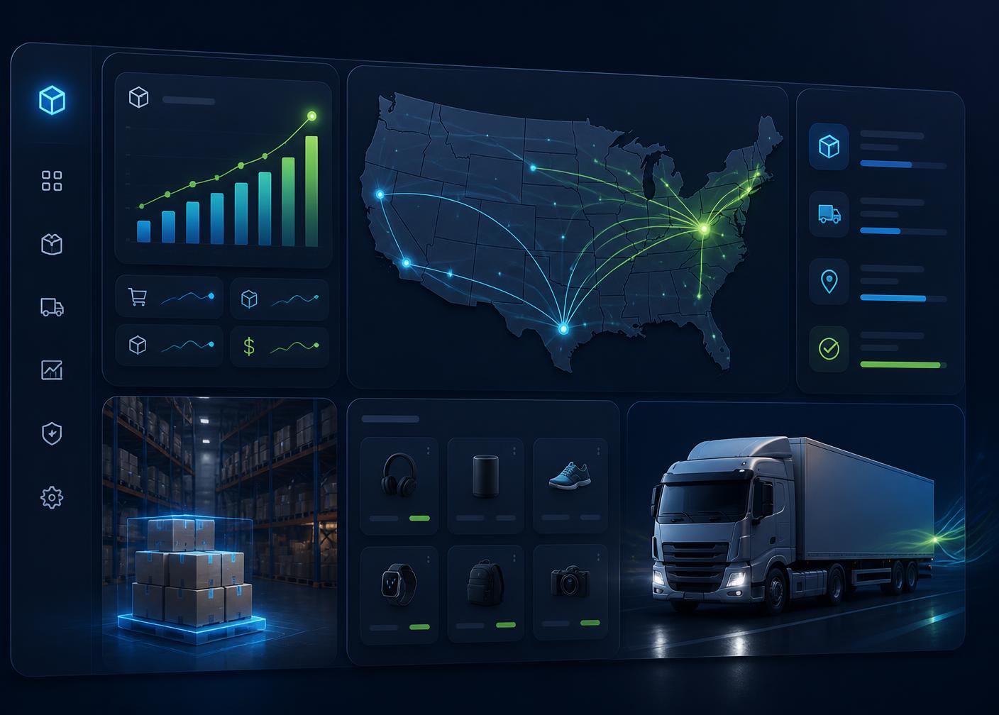 Apex Choice BD warehouse dashboard showing US shipping routes, live order analytics, and same-day fulfillment